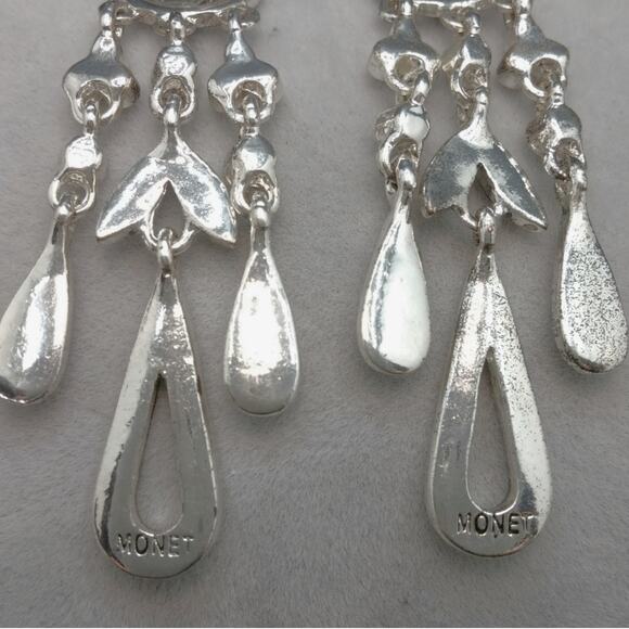 Monet Chandelier Earrings Rhinestone Dangle Silvertone NWT Hoops Detach Art Deco - Picture 7 of 12